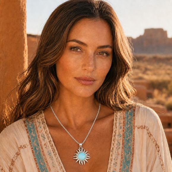 Mark Wasserman Samara Jewelry - Mark Wasserman Samara‎ 925 Turquoise Sunburst Pendant Rope Chain Necklace